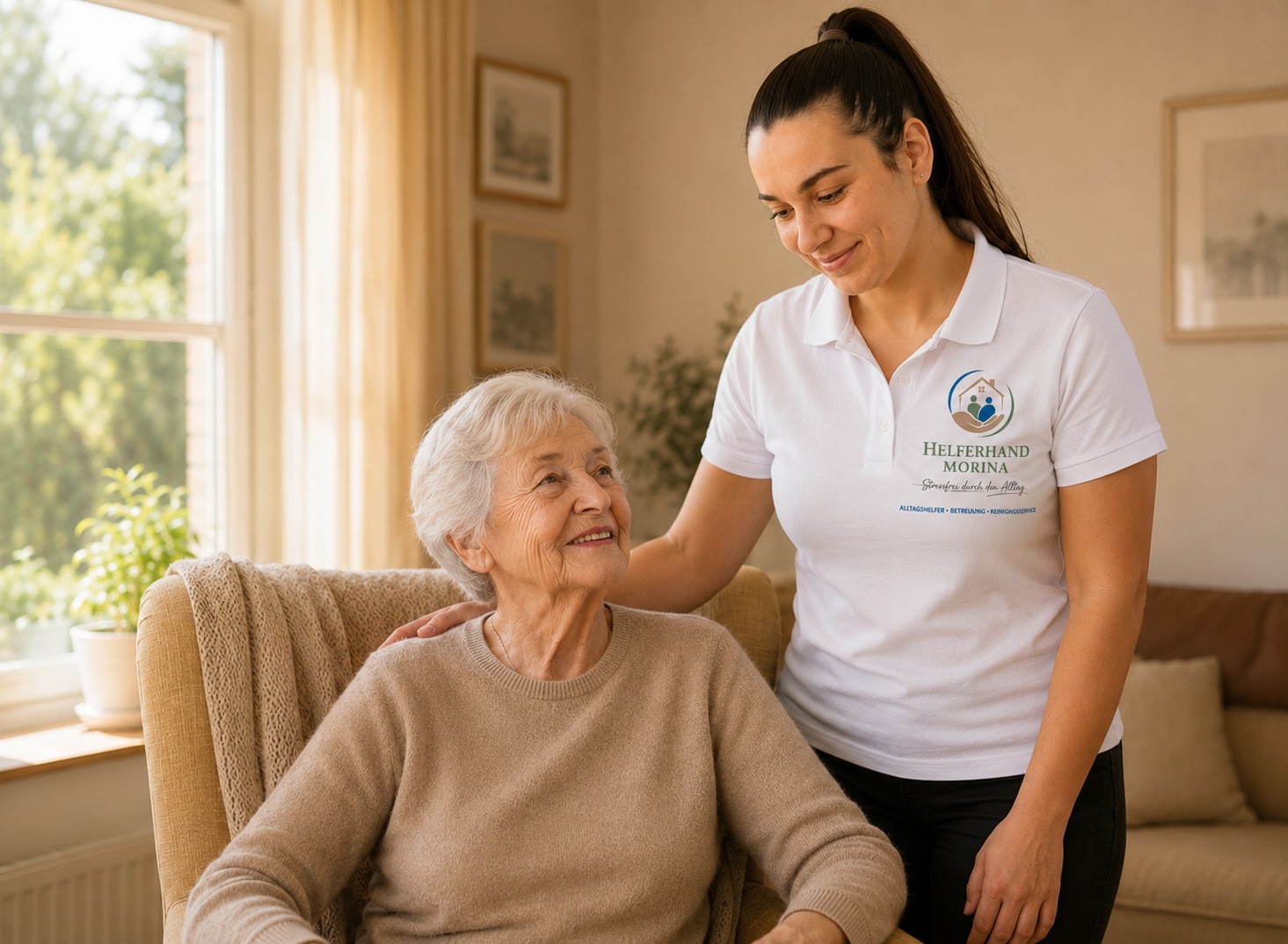 Pflegerin von Helferhand Morina mit einer Seniorin Pflegerin von Helferhand Morina mit einer Seniorin